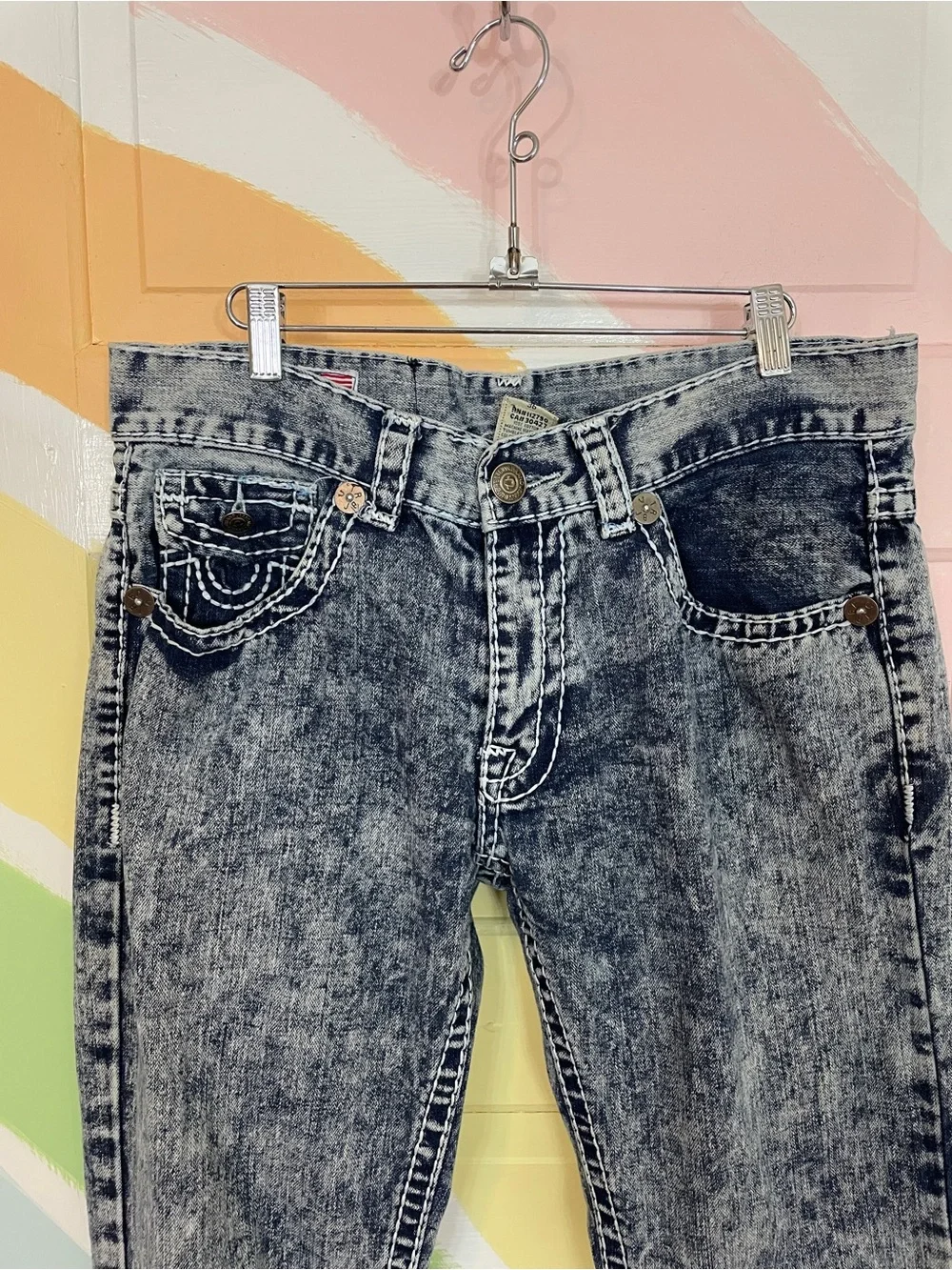 True Religion Acid Wash Denim Straight Super T Flap Pockets Jeans Men’s 36 🧡🎀